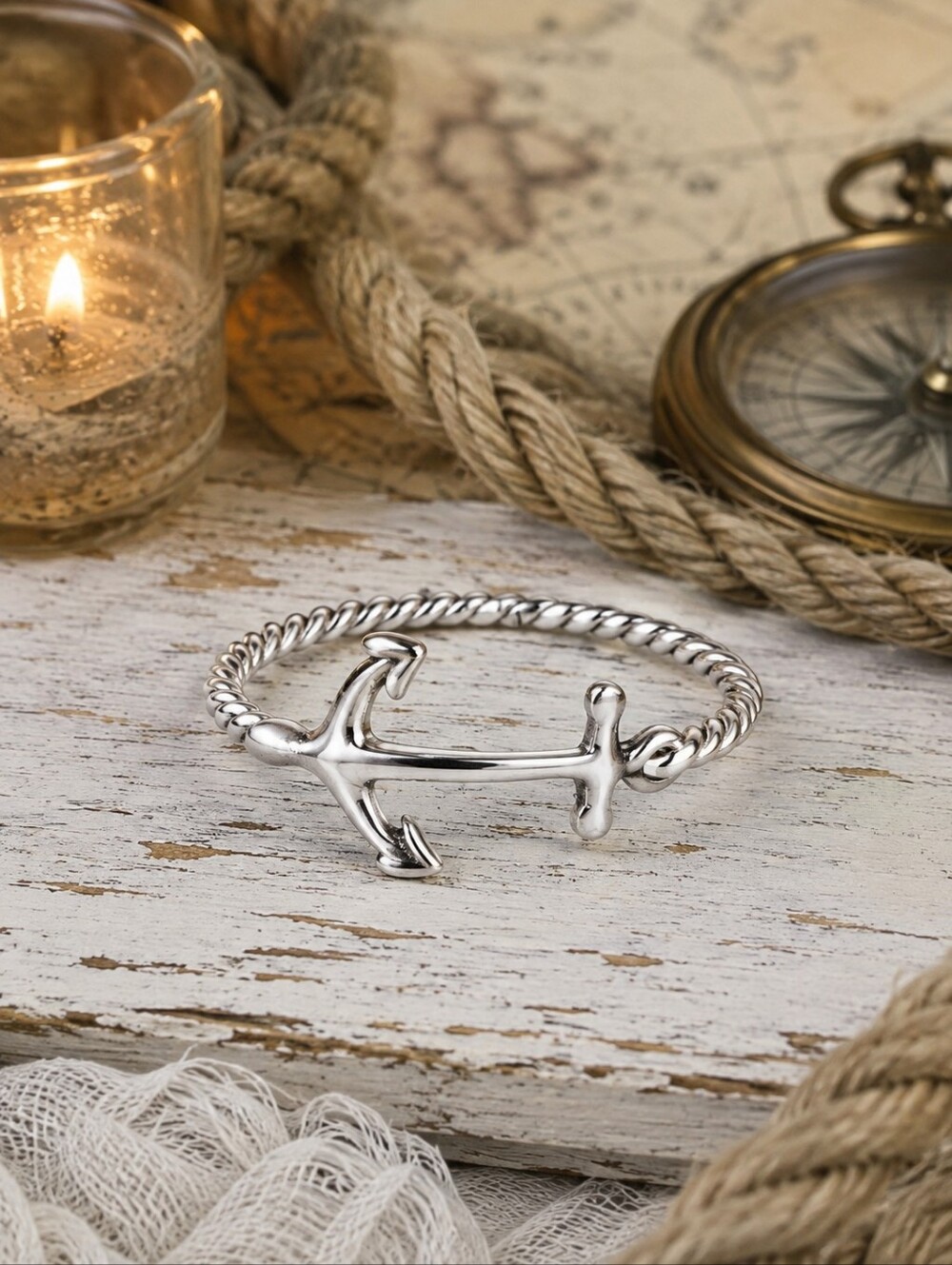 925 Sterling Silver Anchor Ring Rope Band Size 7.75 Nautical Coastal